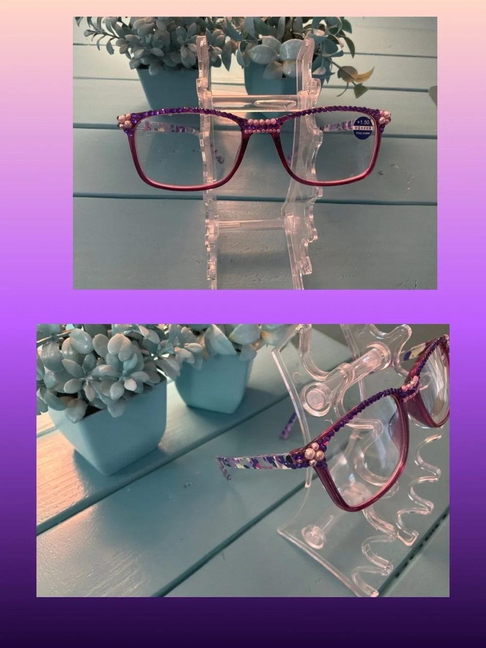 Handmade Purple Bejeweled Reading Glasses (+1.50)